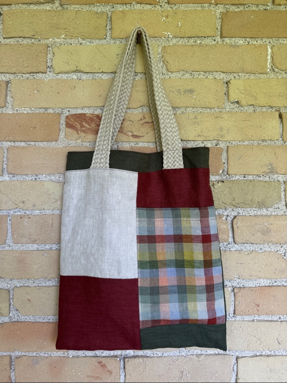 New Handcrafted Linen Patchwork Multicolor Tote Bag with Braided Handles